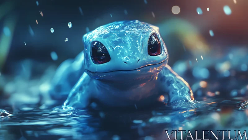 Bioluminescent blue amphibian in cinematic rain close-up.