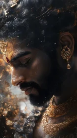 Regal profile of bearded man with ornate golden jewelry.