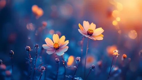 Golden cosmos flowers bathed in dreamy sunset light glow