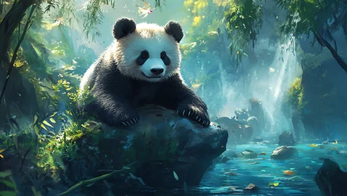 Gentle panda resting by a sunlit forest stream in peace.