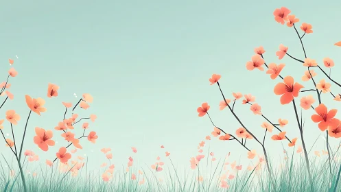 Minimalist vector meadow with stylized windblown blossoms.