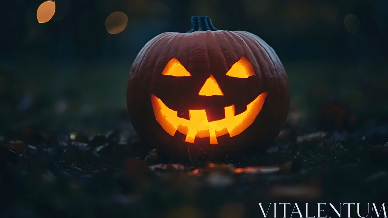 Carved pumpkin jack-o-lantern emits internal light at dusk
