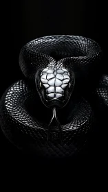 Photorealistic coiled black snake with high-gloss scales.