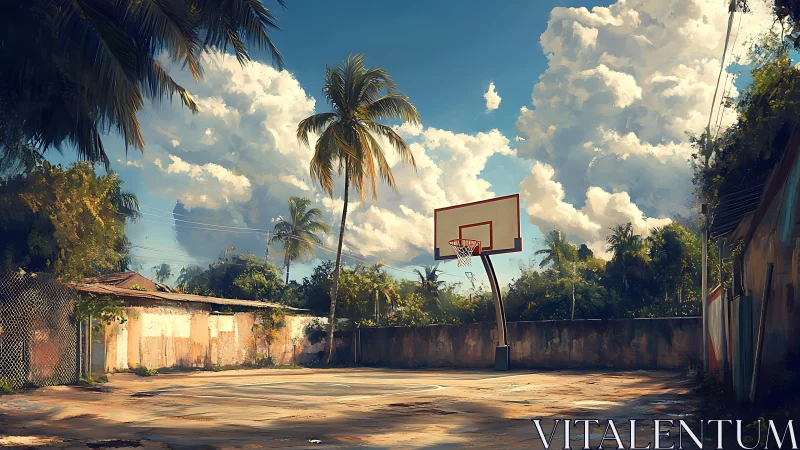 Tropical outdoor basketball court under towering storm clouds