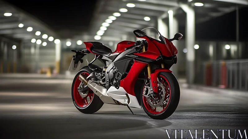 Red superbike rendered in hyperreal night-time garage lighting