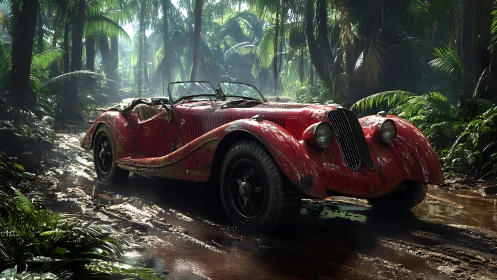 Weathered red roadster cuts muddy trail through jungle