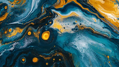 Swirling teal and gold waves create a dreamy abstract journey