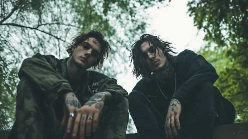 Two tattooed young men in streetwear sitting outdoors.