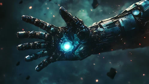 Articulated cybernetic arm projects energized plasma core in void