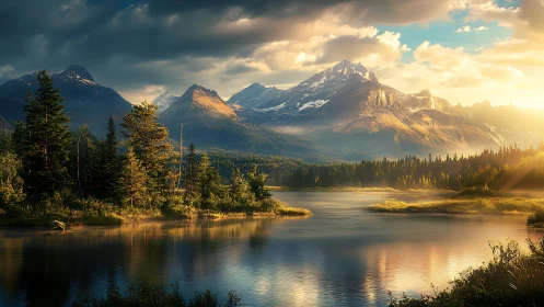 Golden hour over tranquil mountain lake and forest valley.