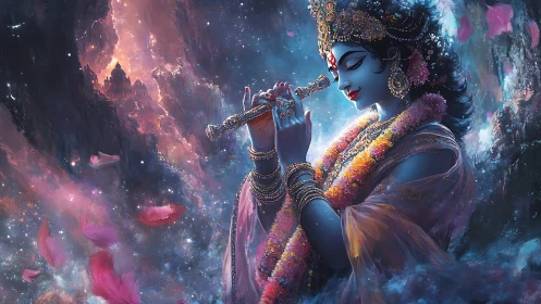 Divine blue figure playing flute in cosmic floral scene.