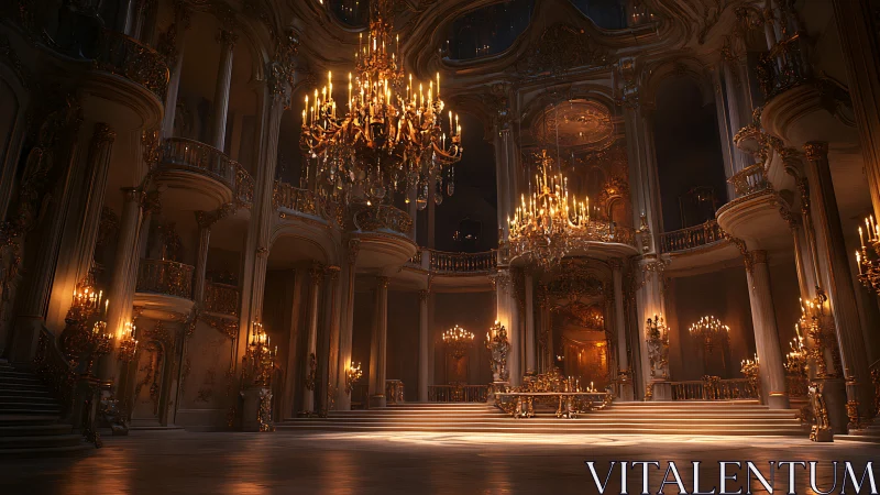 Grand baroque ballroom glows under opulent chandeliers