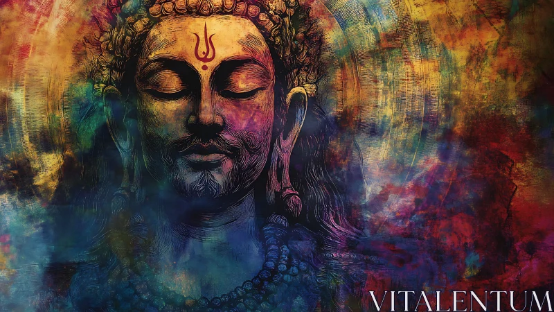 Meditative Buddha portrait amid abstract prismatic aura.