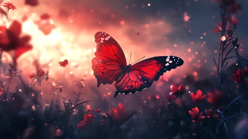 Red butterfly glides through glowing dusk meadow light