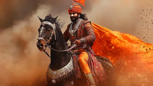 Mounted warrior in orange regalia cutting through dust plume.