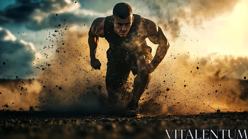 Dustborn sprinter explodes forward in molten sunset grit.