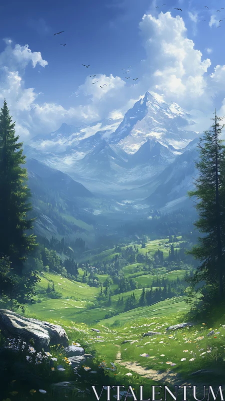 Sunlit alpine valley beneath towering snow-capped peak.