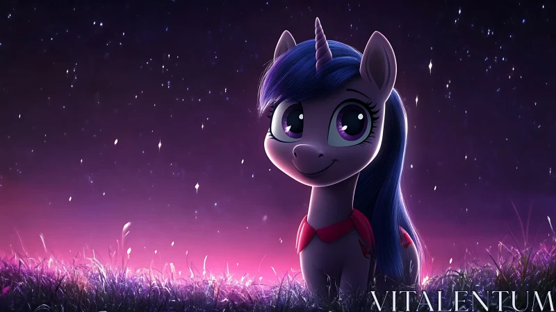 Cute violet unicorn in luminescent twilight meadow scene.