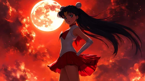 Anime heroine in red uniform before full moon backdrop.