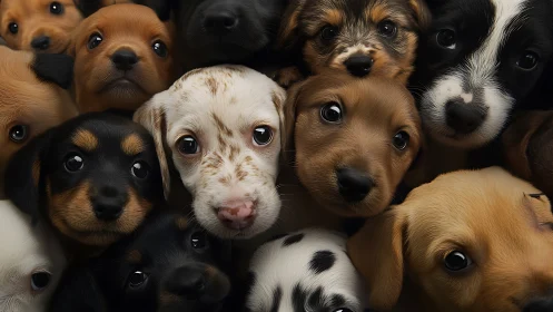 Close-up group portrait of mixed-breed puppies’ faces.
