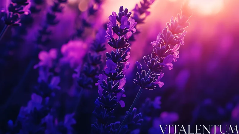 Purple lavender flowers glowing in evening light with soft background bokeh