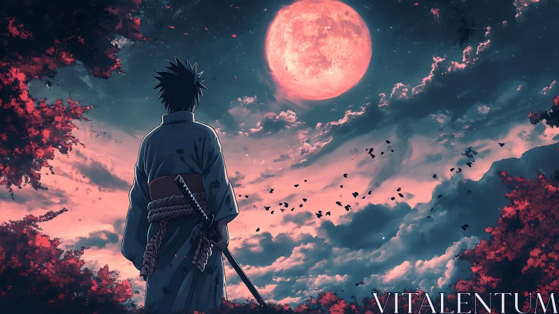 Samurai silhouette under crimson moonlit cloudscape panorama.