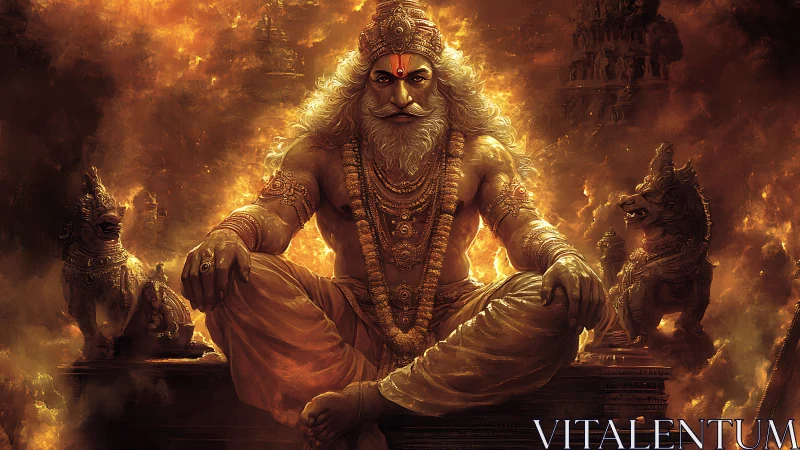 Divine warrior figure sits amid fiery temple backdrop