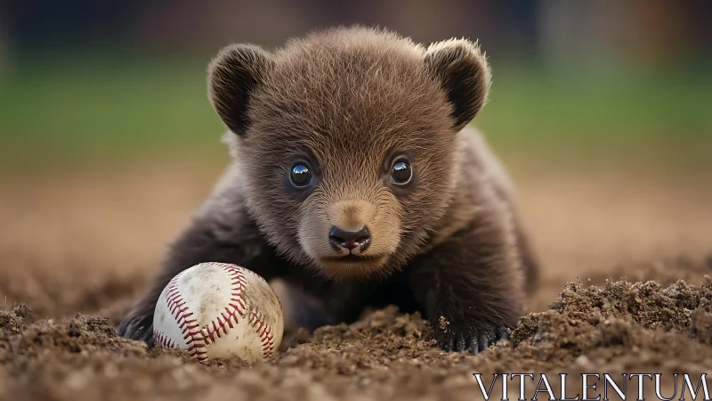 Brown bear cub lying on soil beside a used baseball.