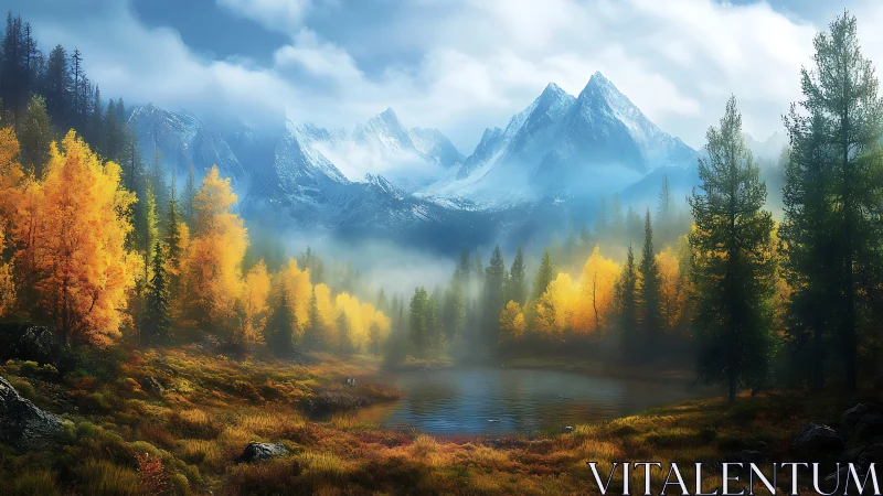Digital painting of misted alpine lake with autumn forest edge.