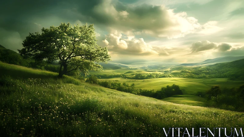 Lone hillside tree under dramatic golden stormlit sky.