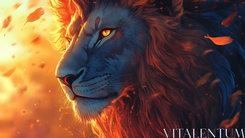 Fiery digital lion portrait with glowing amber eye.