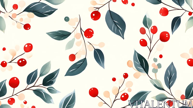 Watercolor botanical berries pattern with flowing leaf motifs.
