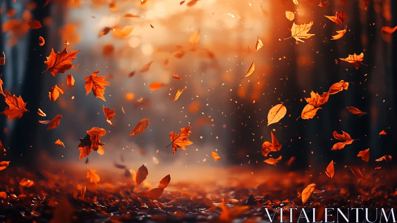 Autumn leaves spiral through glowing bokeh in shallow focus forest