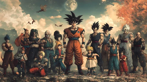 Anime warrior ensemble under moonlit autumn sky.