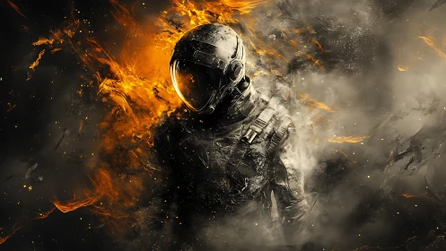 Astronaut figure stands within dense orange flame and smoke