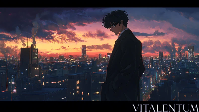 Solitary male figure above dense city at sunset skyline.