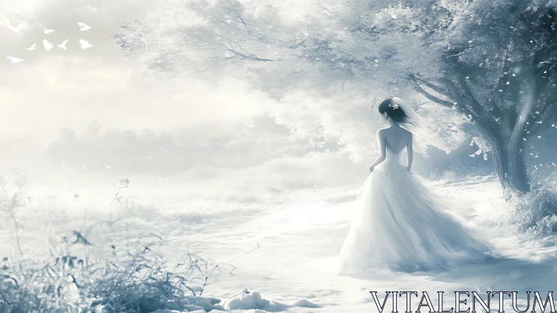 Backlit bridal silhouette in luminously frosted woodland field.