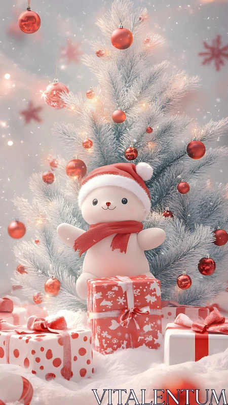 White plush bear with gifts before decorated winter tree.