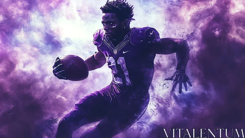 Dynamic purple football runner in smoky motion burst.