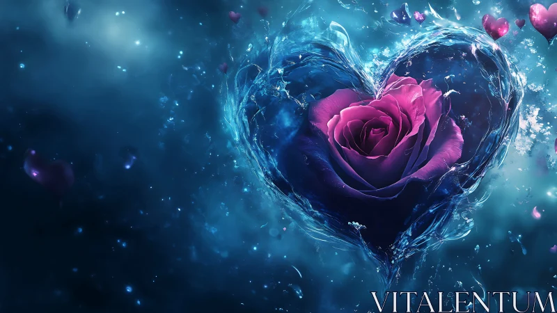 Digital Rose Heart With Ice Crystal Water Effect.
