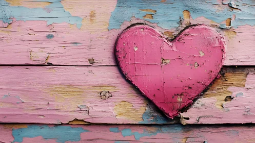 Pink Heart on Weathered Wood. Distressed Paint.