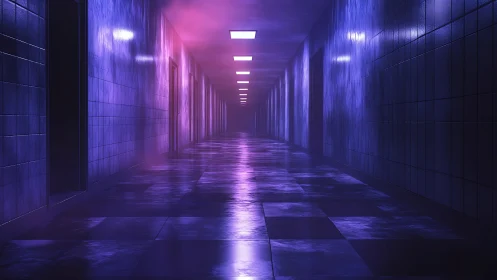 Moody neon hallway glows with purple and pink reflections