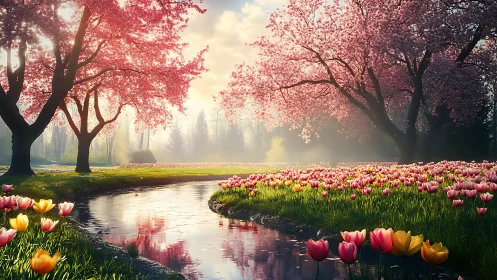 Spring blossom river with tulip meadow at golden dawn.