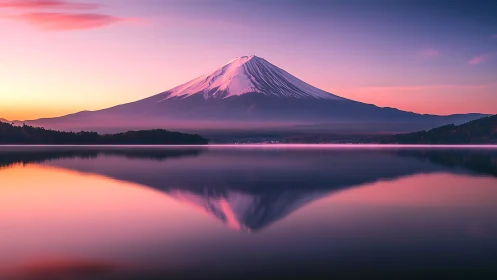 Snow-capped conical mountain is reflected in still lake water