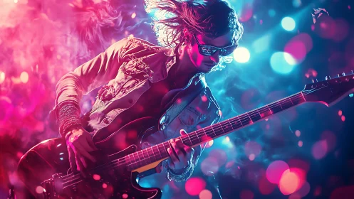 Neon rock guitarist shredding electric bass onstage.