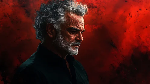 Storm-eyed elder in crimson tempest of quiet rage.