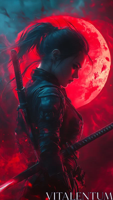 Female swordswoman in profile before large red moon.