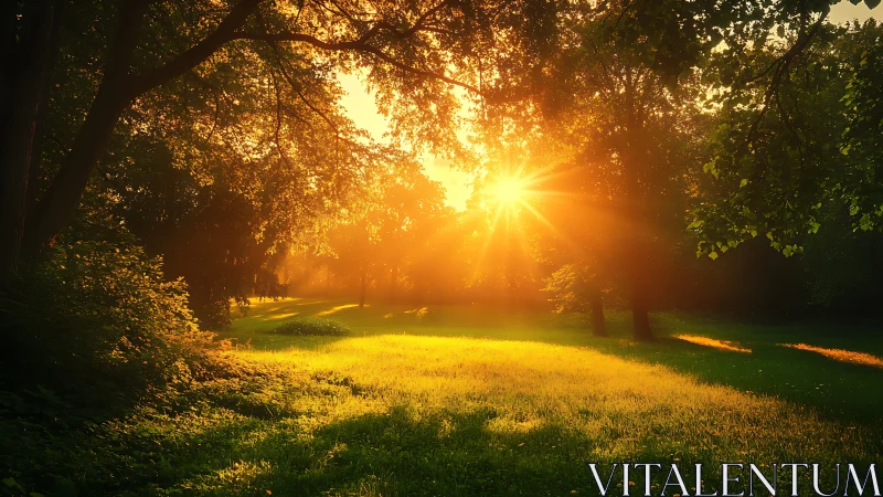 Serene Sunlit Forest Glade at Sunrise in Naturalistic Style.
