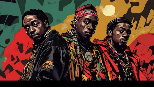Trio of hip-hop icons stand bold in Afrocentric colors.