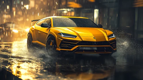 Yellow super SUV cuts through neon rain soaked city street.